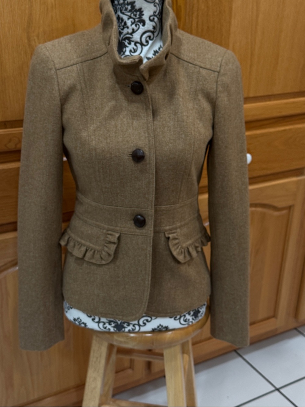 J.Crew Size 2 Brown Wool Blend Ruffle Collar Riding Jacket Blazer Cottagecore - Picture 12 of 13